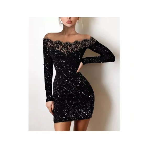 Black Off Shoulder Dress Bodycon Micro Mini Lace Dress - Picture 3 of 5